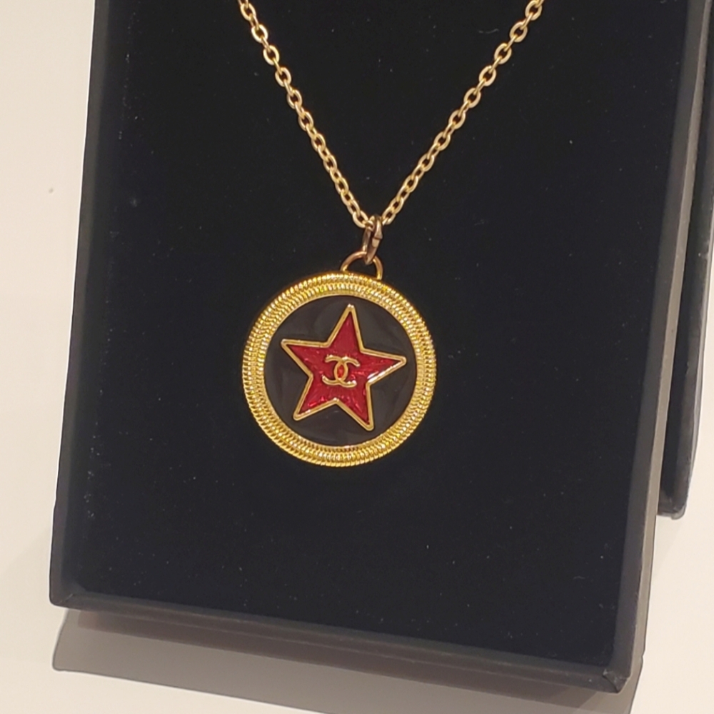 Vintage Chanel Button Gold/Red/Black Upcycled Star Necklace